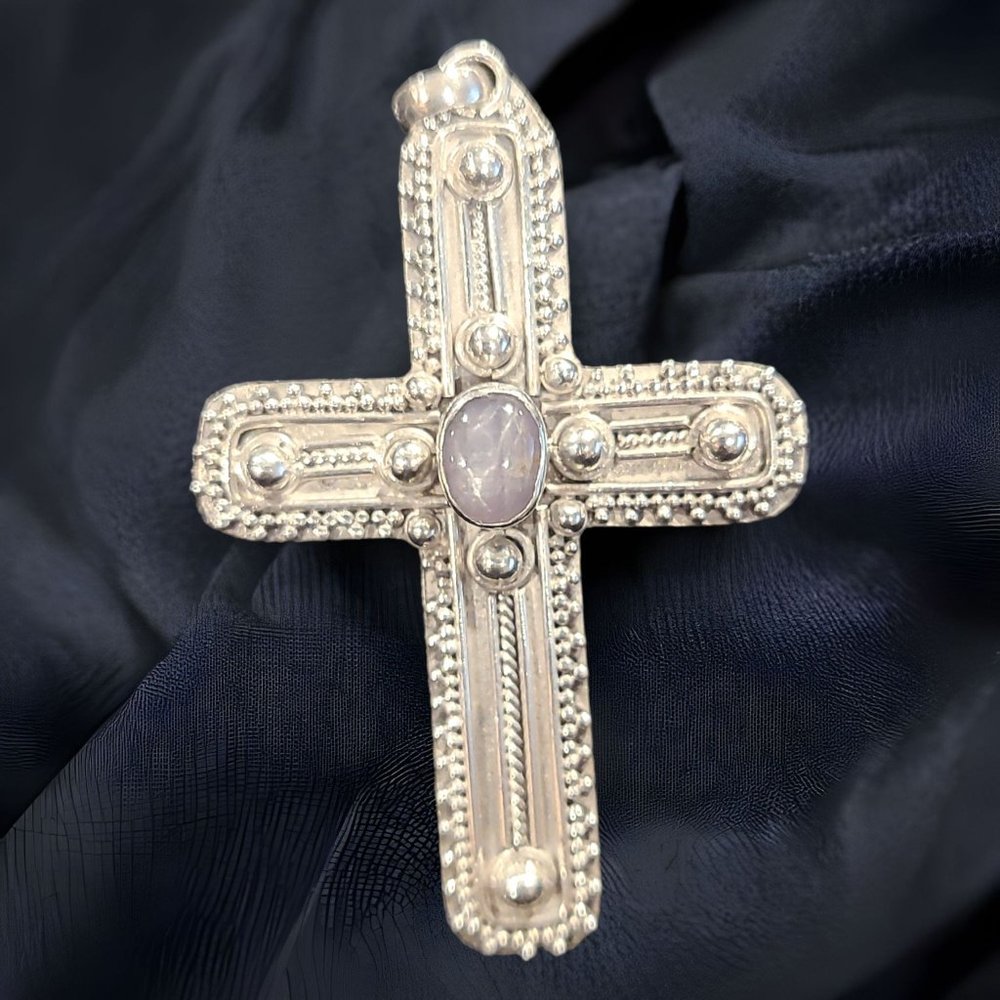 Silver Latin Cross Pendant with central round moonstone and HANDMADE DECORATIONS